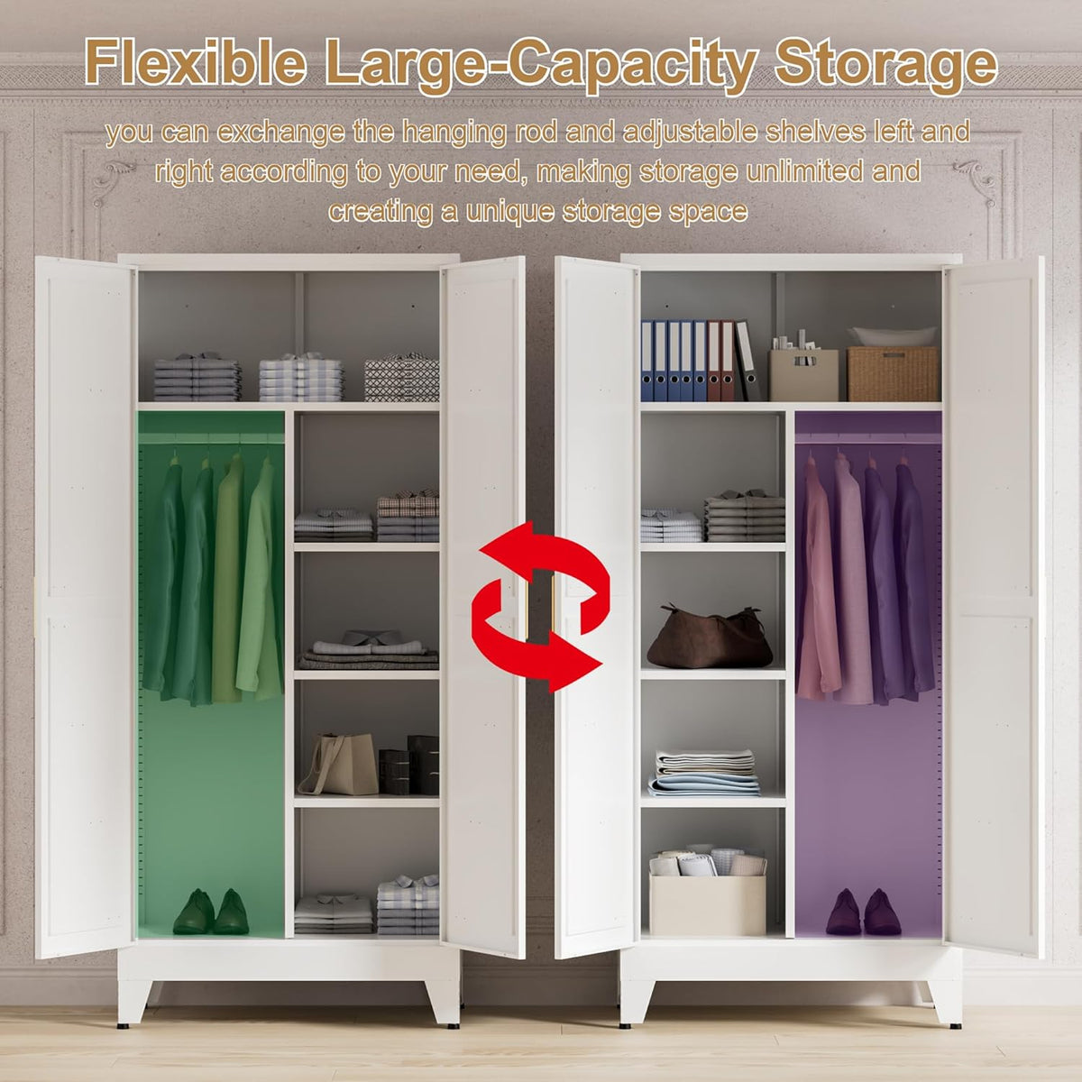 71'' Farmhouse Metal Wardrobe Cabinet with Hanging Rod, 2 Barn Door Wardrobe Closet with 5