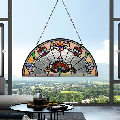 YOURANJU Half Moon Stained Glass Window Hanging Tiffany Style 16" x 8" Half-Round Window Panel