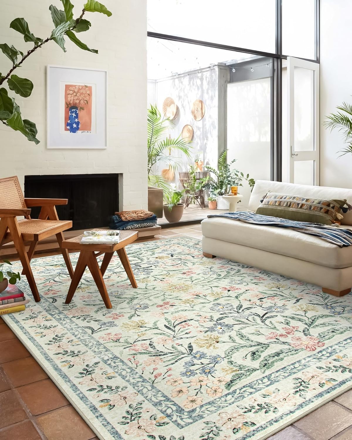 Wonnitar Large Washable 8x10 Rug, Boho Living Room Rug 8 x 10, Soft Floral Carpet for Bedroom Non