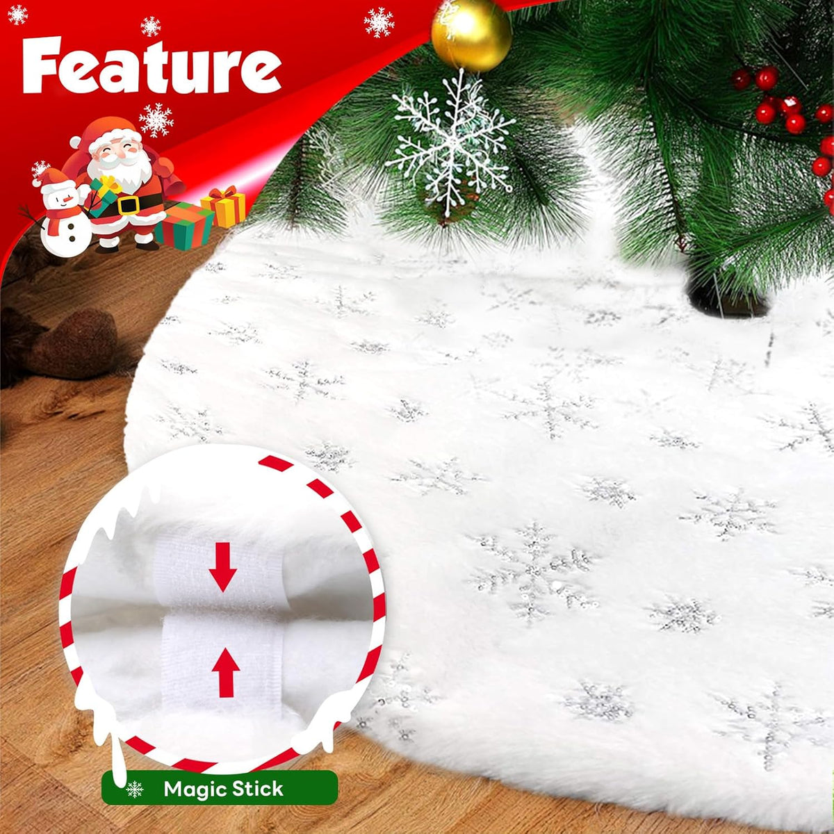 Christmas Tree Skirt 48 Inch, Holiday Part Decorations for Christmas Tree, Whit Plush Sliver Sequin