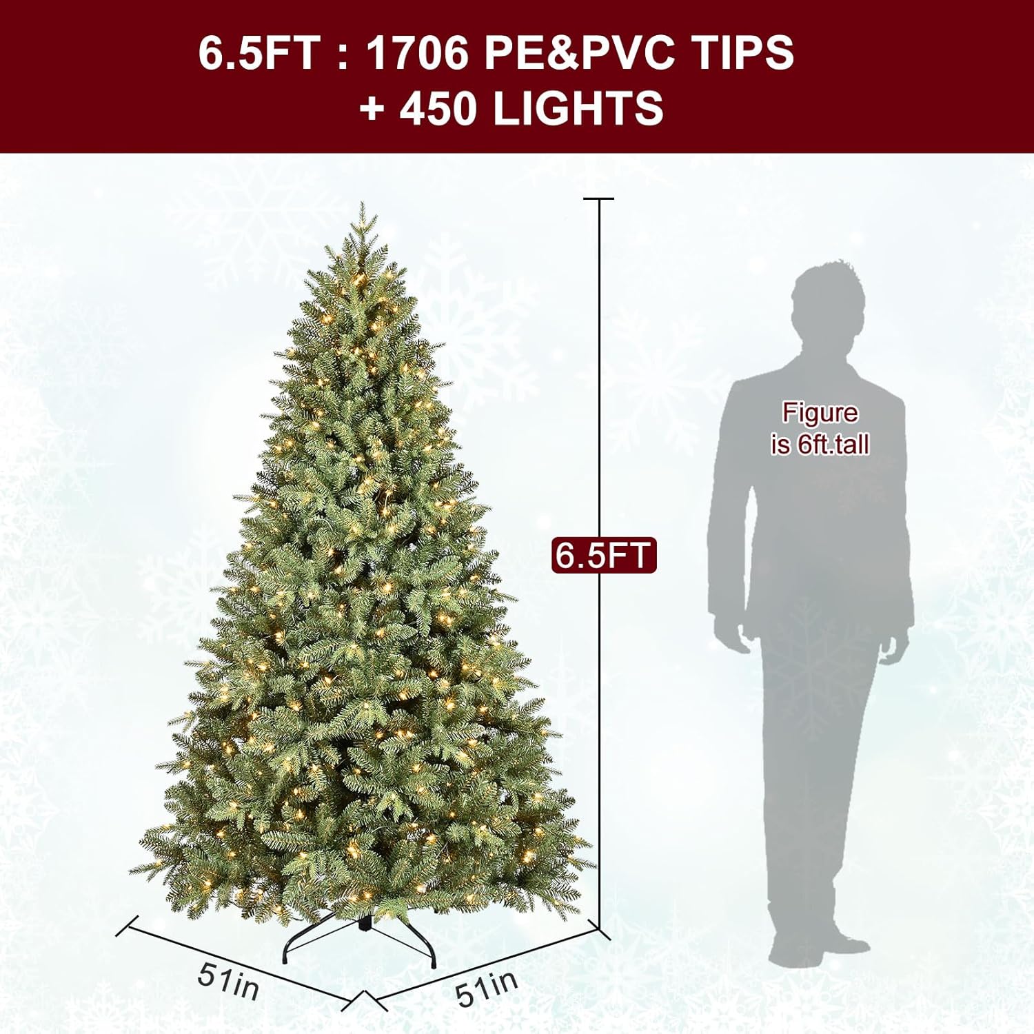 6.5 FT Pre-Lit Artificial Christmas Tree with 1706 PE&PVC Mixed Branch Tips, 450 Warm White Lights