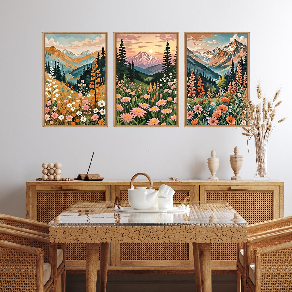 HPINUB Mountain Sunset Floral Framed Canvas Wall Art Set,Colorful Wildflower Daisy Flower Wall