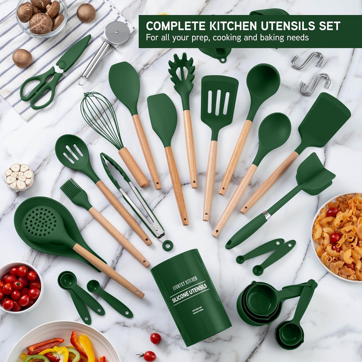 Country Kitchen Non Stick Silicone Utensil Set with Rounded Wood Handles for Cooking and Baking, 38