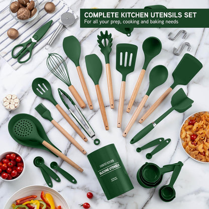 Country Kitchen Non Stick Silicone Utensil Set with Rounded Wood Handles for Cooking and Baking, 38