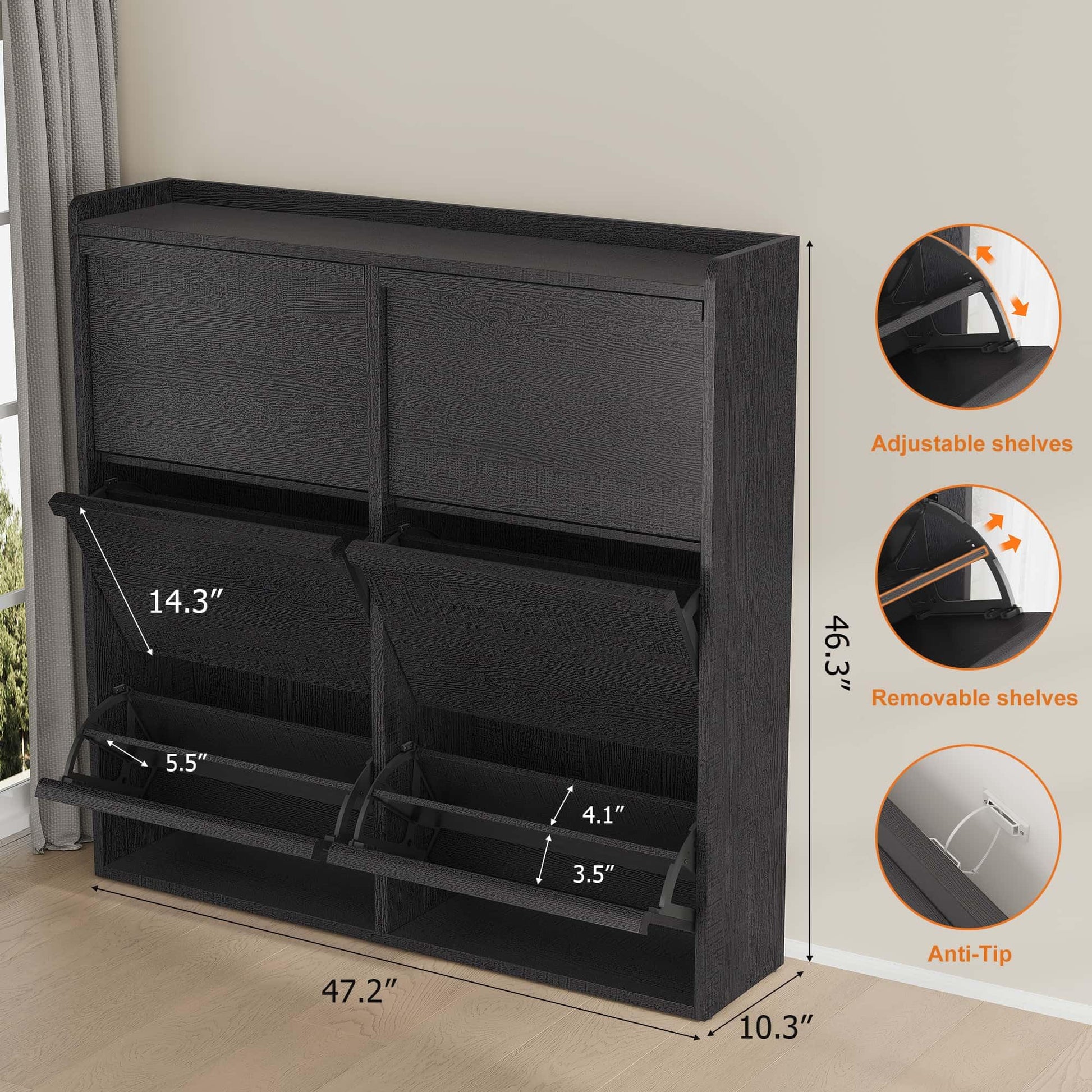 GarveeHome Shoe Cabinet with 6 Flip Drawers, Wooden Shoe Organizer Cabinet with Adjustable Shelf
