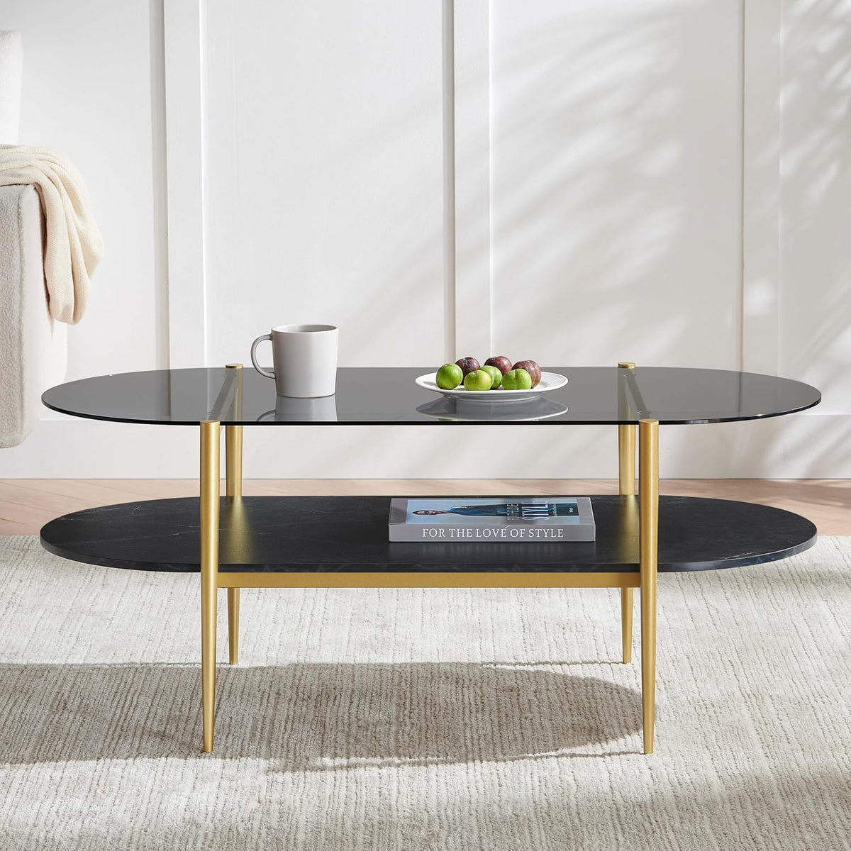 Oval Glass Coffee Table, Mid-Century Modern Design, L41 x W21 x H17 inch, for Living Room, Grey