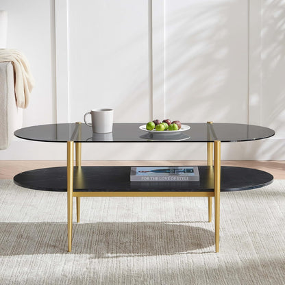 Oval Glass Coffee Table, Mid-Century Modern Design, L41 x W21 x H17 inch, for Living Room, Grey