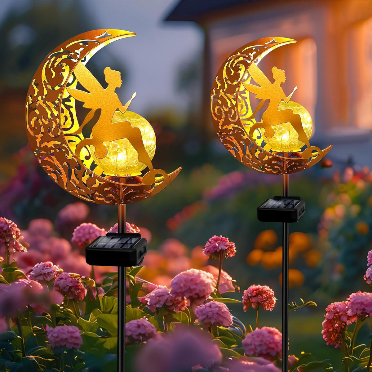 YJFWAL 2 Pack Garden Solar Lights Pathway Stake Lights Moon Fairy Glass Globe with Angel Decor