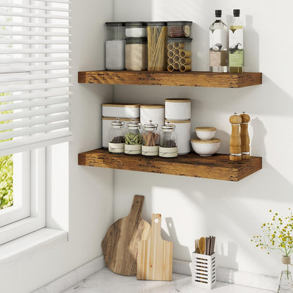 Fun Memories 24 Inch Floating Shelves for Wall, 9 Inch Deep Brown Rustic Wood Wall Mounted Shelves
