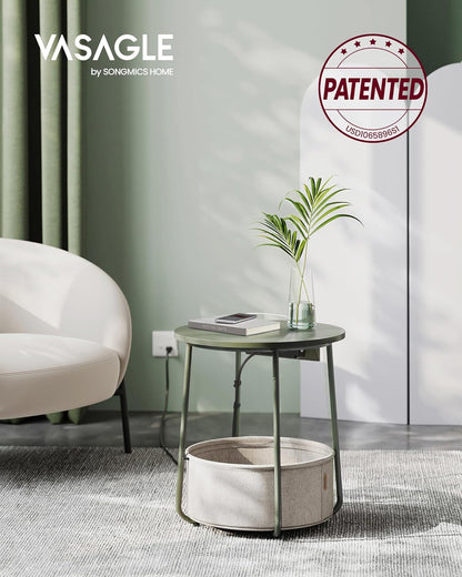 VASAGLE Side Table with Charging Station, Round End Table with Fabric Basket, Nightstand with Power