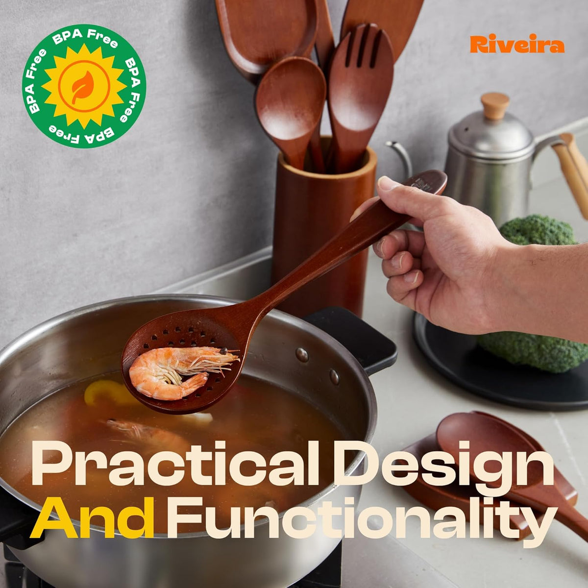 Riveira Set of 9 Premium Brown Bamboo Cooking Utensils - Bamboo Utensils for Cooking - Non-Toxic