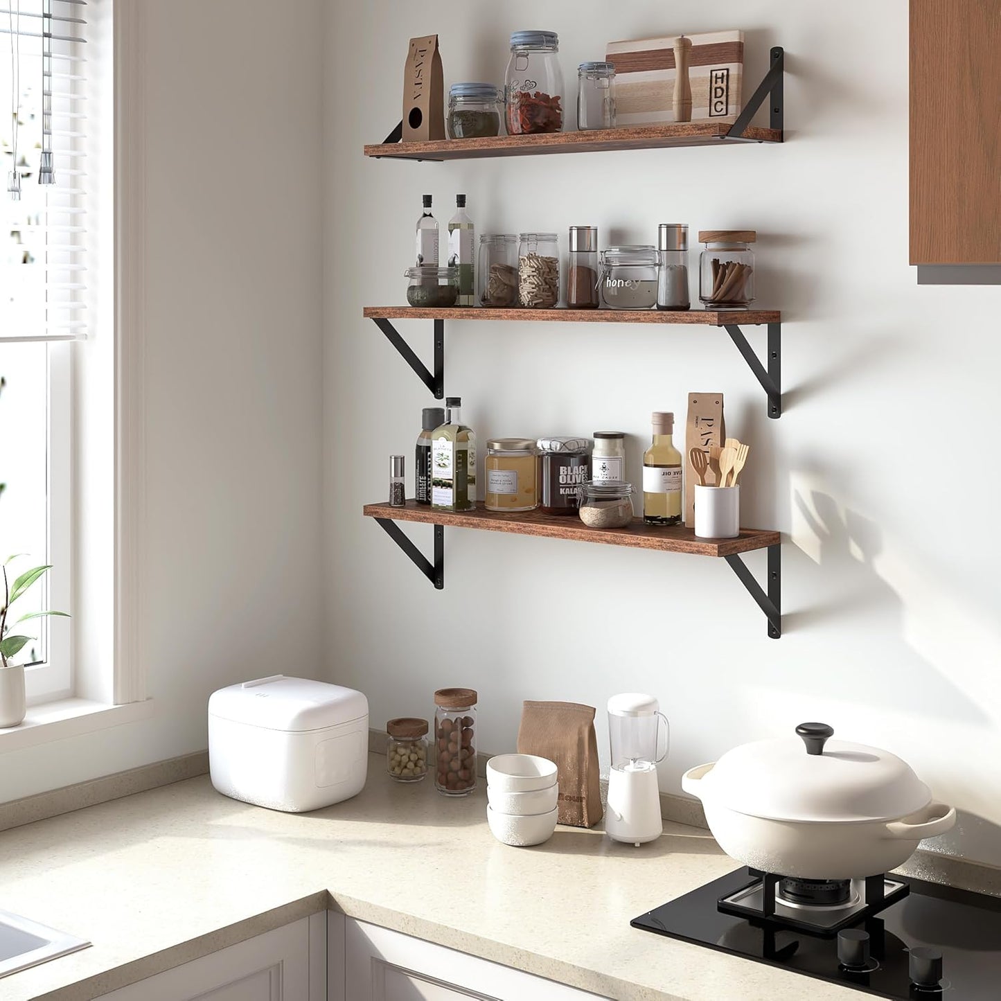 Heimlove Floating Shelves for Wall, 24 Inch Long Wood Floating Shelves Set of 3, Wall Mounted