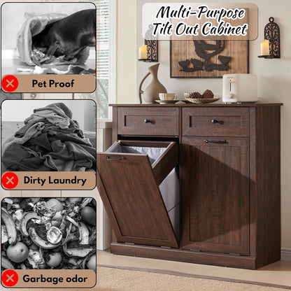 Double Tilt Out Laundry Hamper Cabinet, 20 Gallon Farmhouse Trash Can Cabinet with Drawer, Hidden