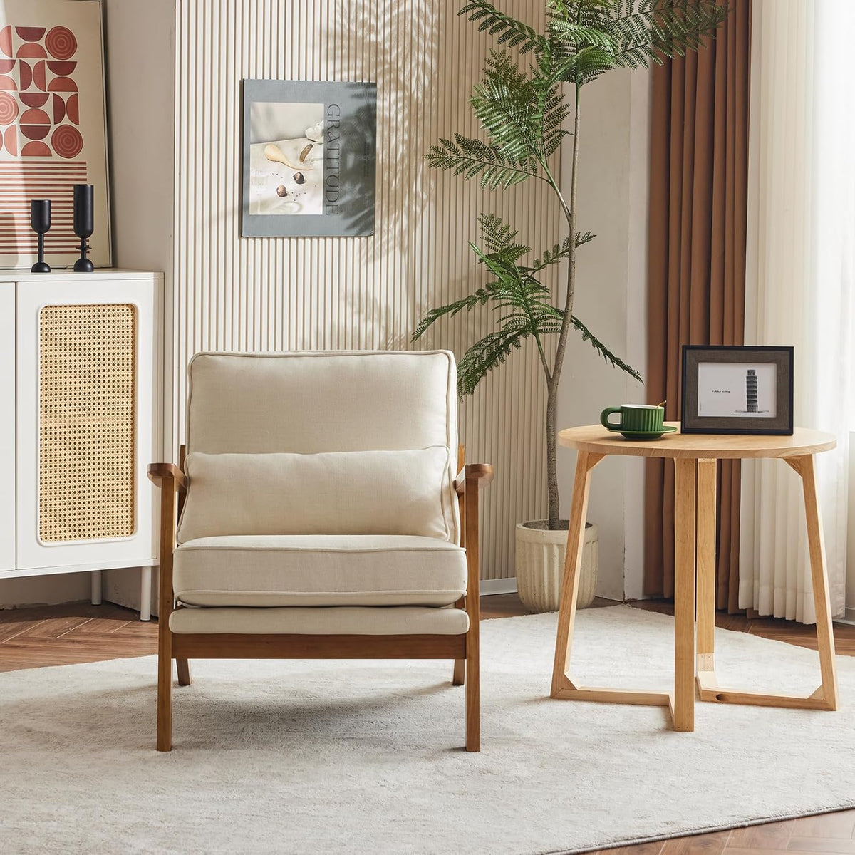 Karl home Accent Chair Wide Armrest Mid-Century Lounge Chair Linen Fabric Armchair with Lumbar