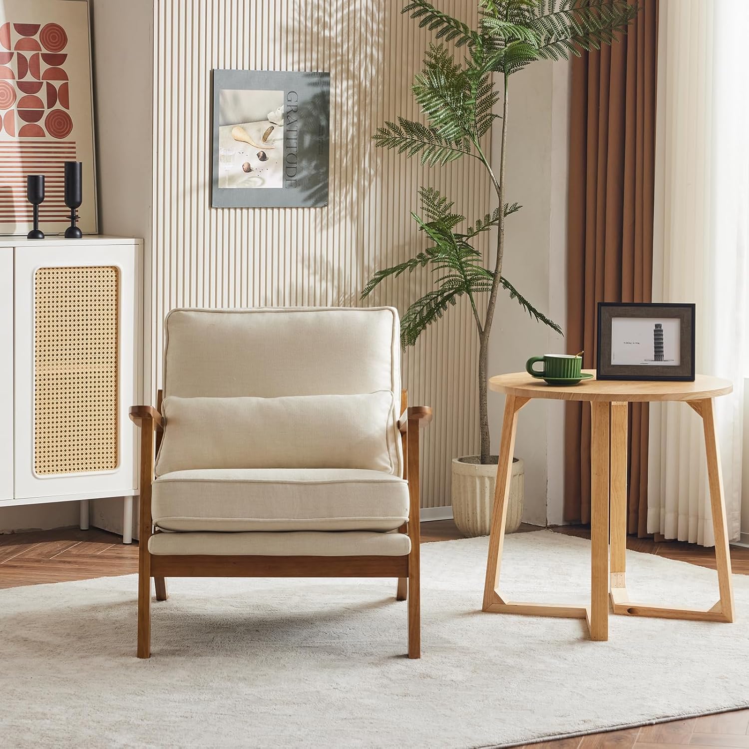 Karl home Accent Chair Wide Armrest Mid-Century Lounge Chair Linen Fabric Armchair with Lumbar