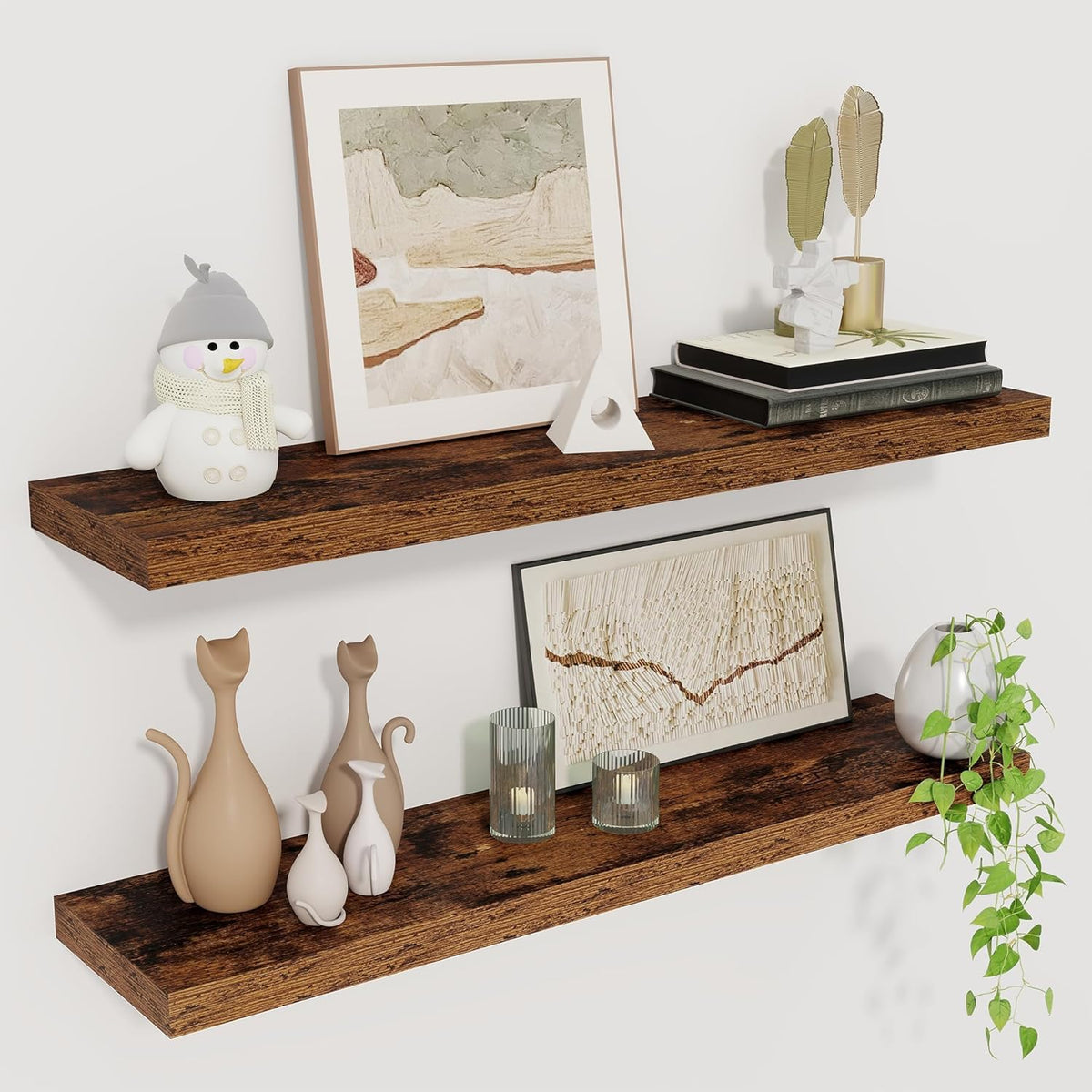 Fun Memories Floating Shelves for Wall, 27.5" Rustic Wood Deep Wall Mounted Shelves with Invisible
