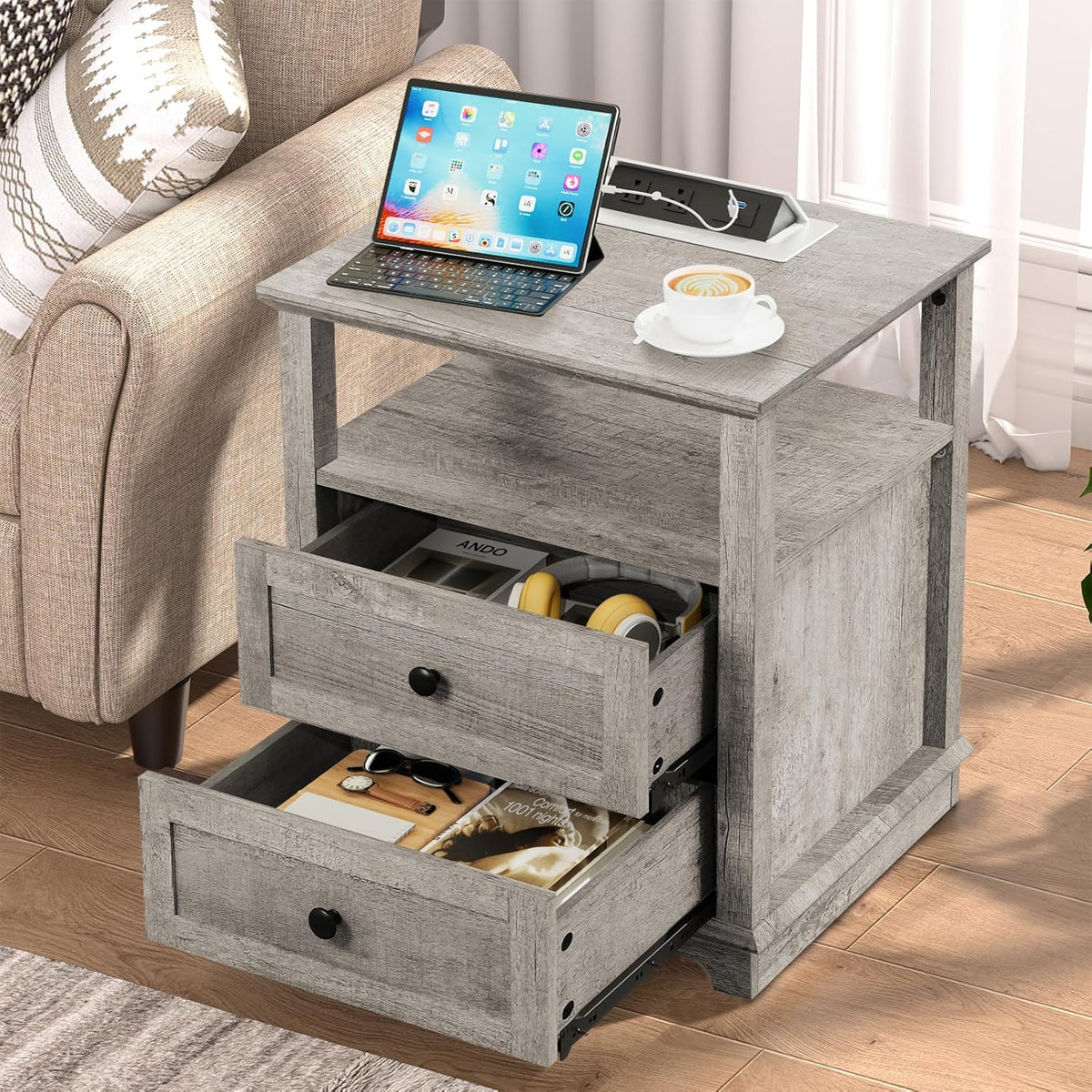HIFYOBRO End Table with 2 Drawers and Charging Station, Type-C & USB Port & Power outlets, Wooden