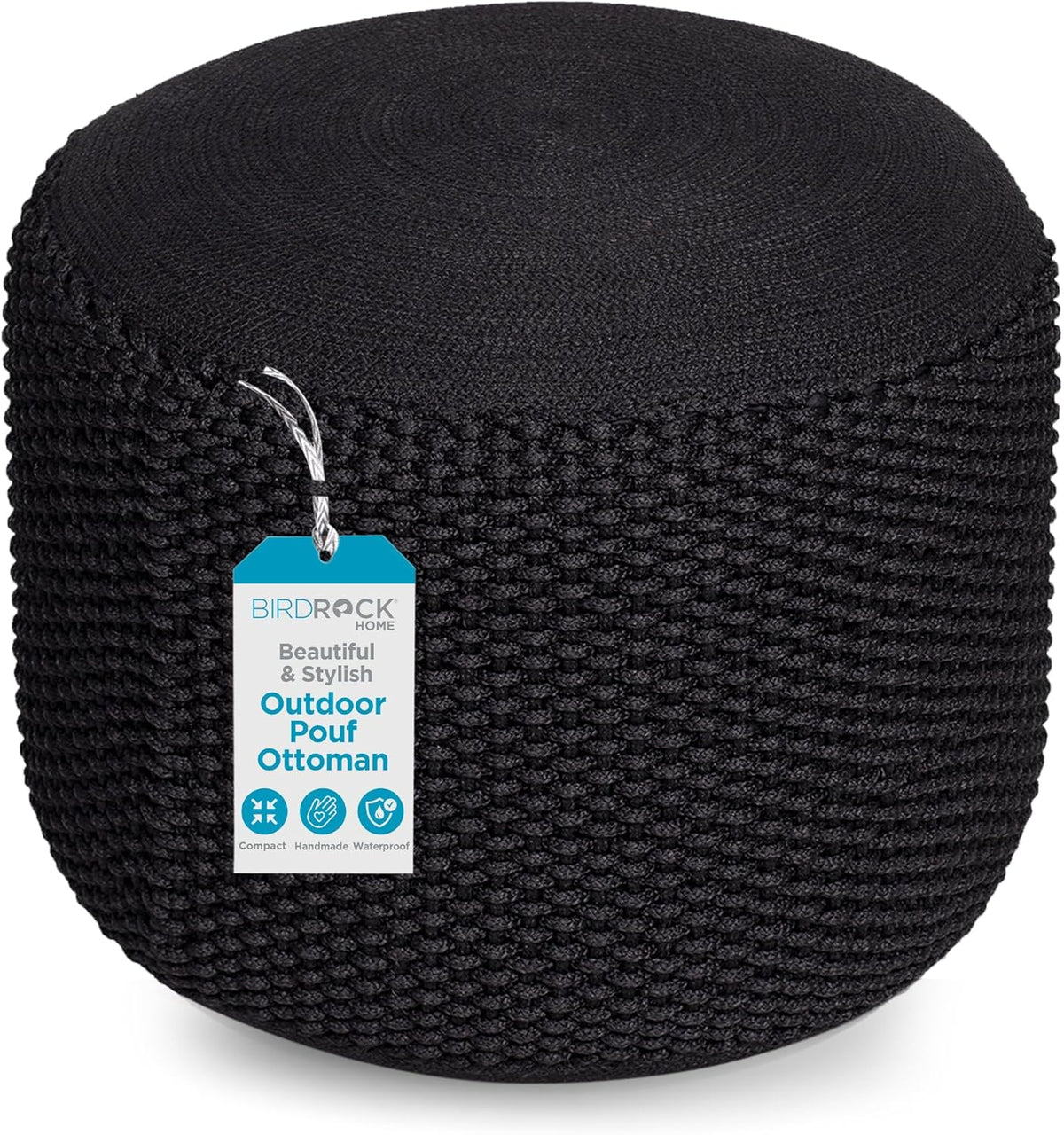 BIRDROCK HOME Outdoor Pouf Ottoman | Hand Woven Waterproof Foot Stool with Bead Bag Filling | Boho