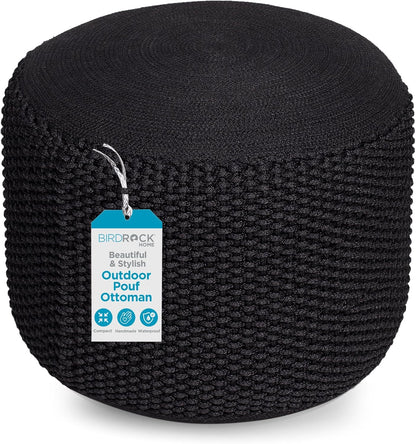 BIRDROCK HOME Outdoor Pouf Ottoman | Hand Woven Waterproof Foot Stool with Bead Bag Filling | Boho