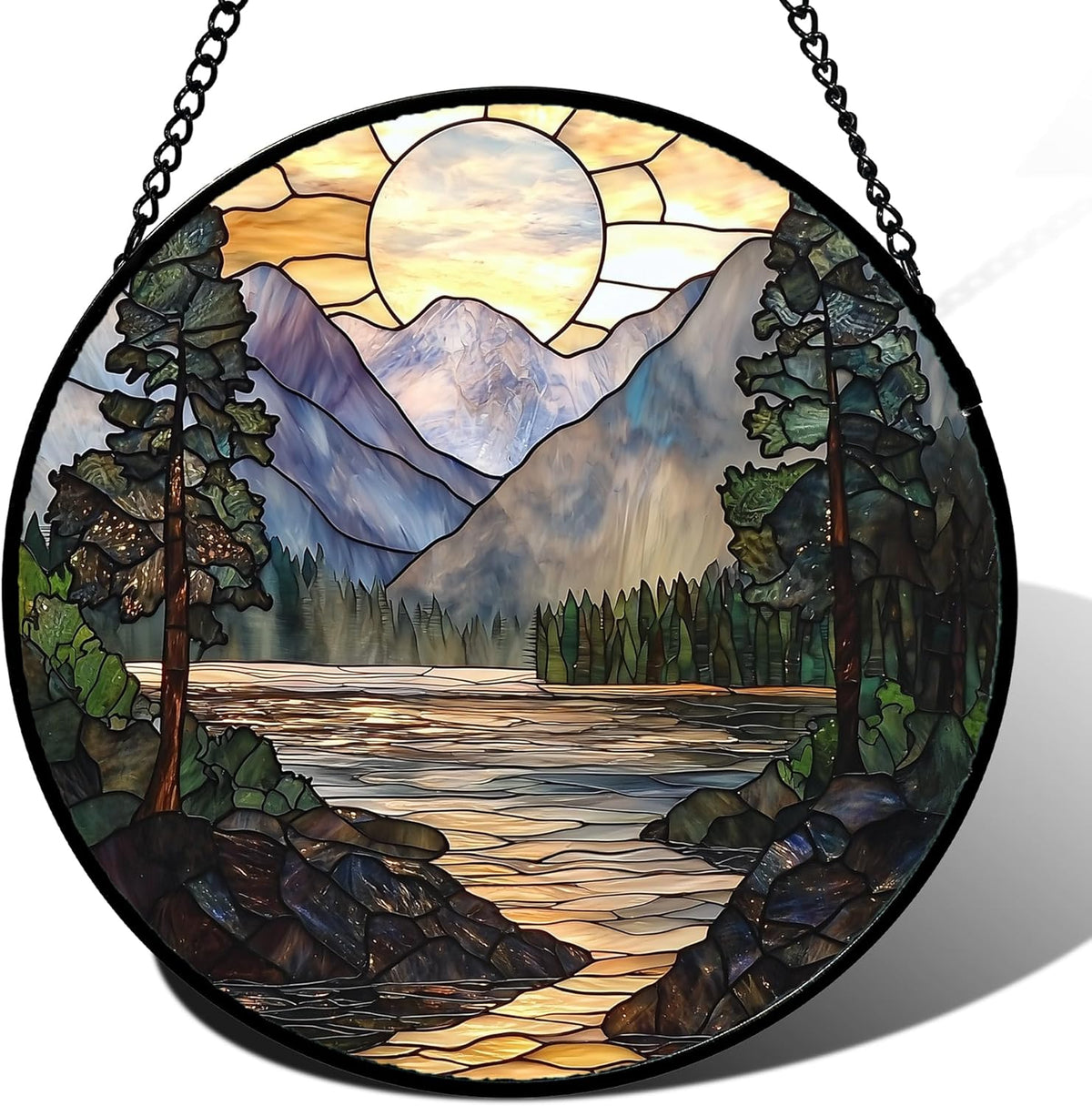 Stained Glass Window Hanging, Sunset Mountains Lake Tree Sun Catcher for Window Home Decor