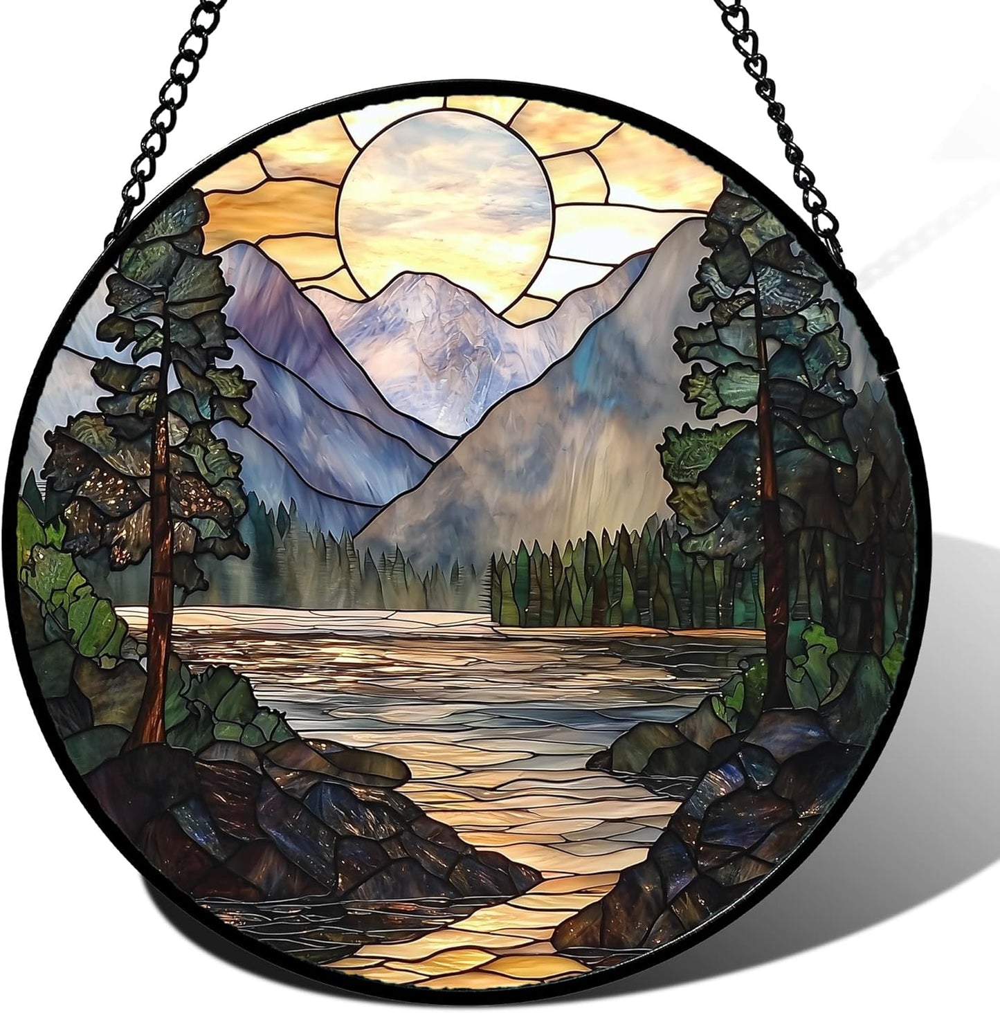 Stained Glass Window Hanging, Sunset Mountains Lake Tree Sun Catcher for Window Home Decor