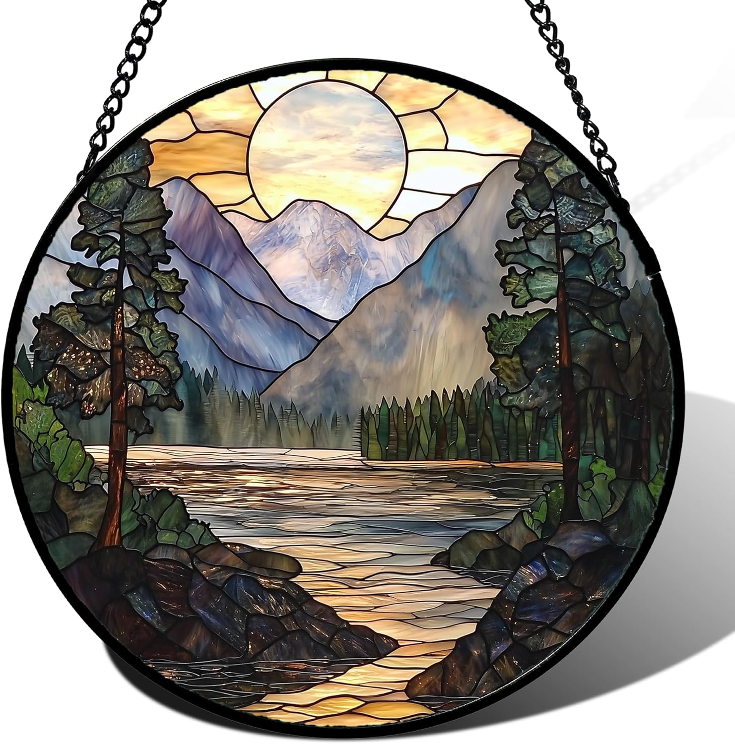 Stained Glass Window Hanging, Sunset Mountains Lake Tree Sun Catcher for Window Home Decor