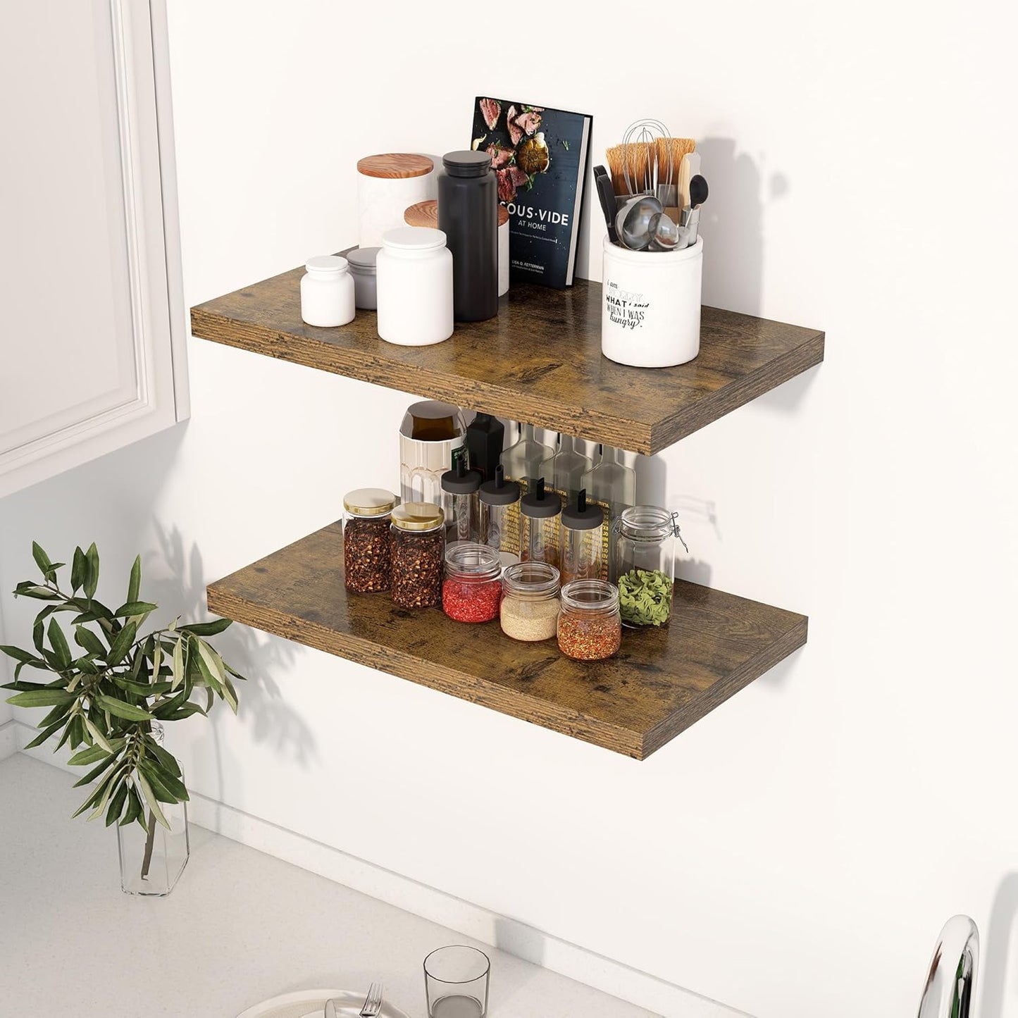 24" Floating Shelves for Wall, 12" Deep Slim Rustic Brown Floating Shelves, Wall-Mounted Shelves
