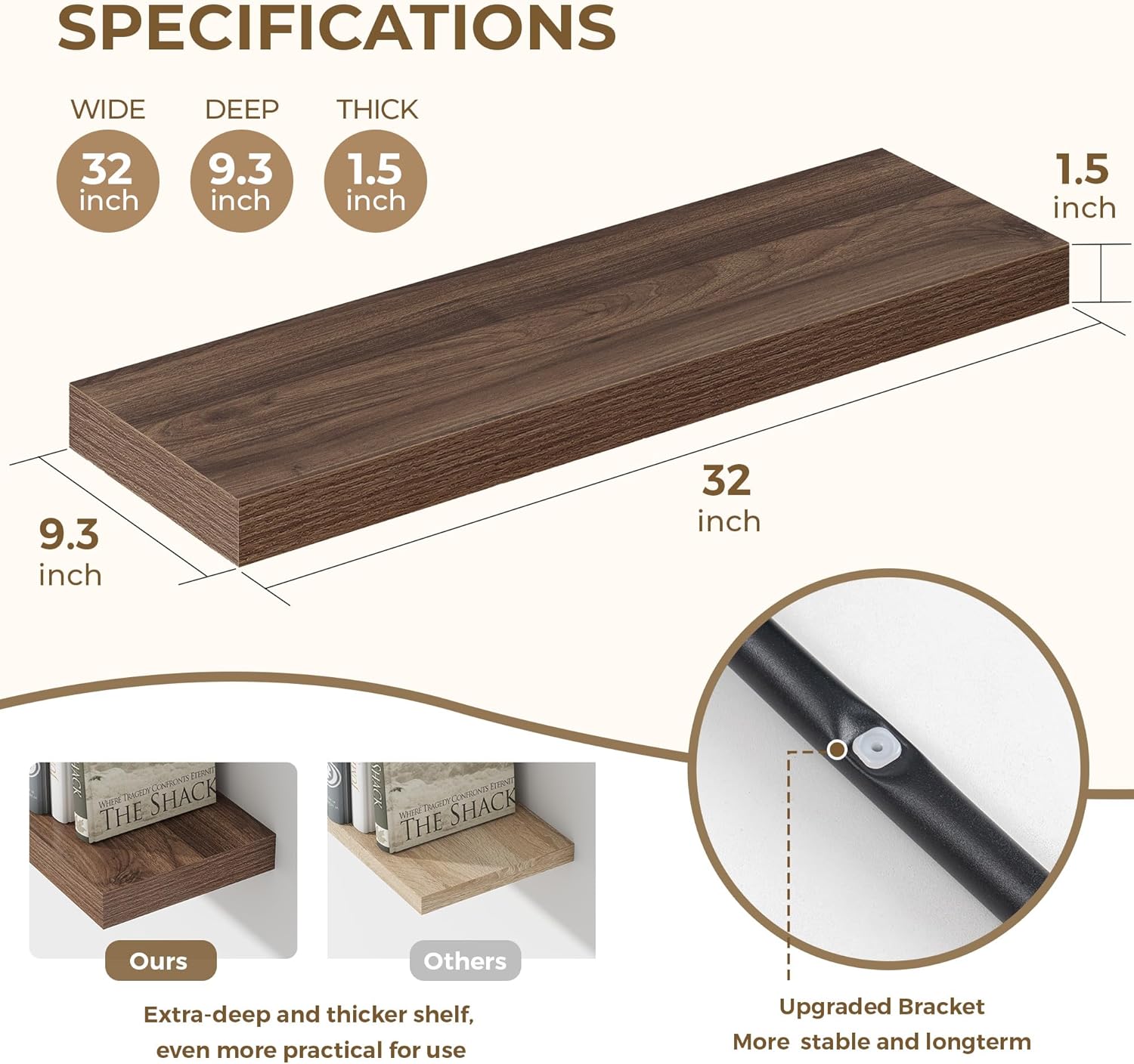 Dreamland 32 Inches Floating Shelves for Wall, 9.3" Deep Long Floating Shelves Set of 2, Large