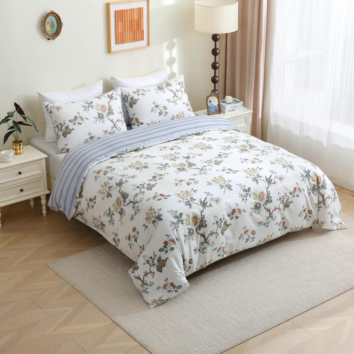 ABREEZE Floral Duvet Cover King Size Set Bird Flowers Bedding Set 100% Brushed Cotton Bedding