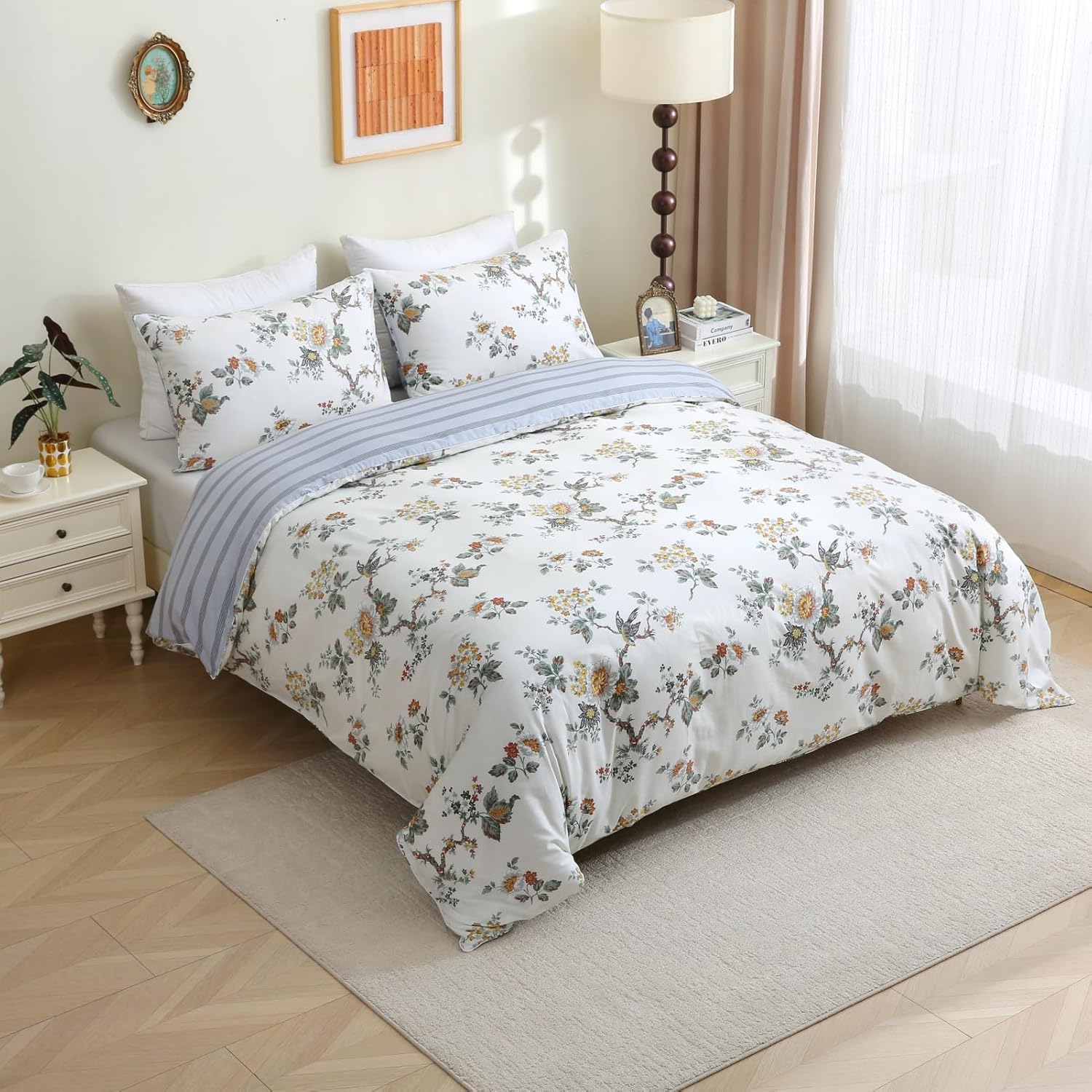 ABREEZE Floral Duvet Cover Queen Size Set Bird Flowers Bedding Set 100% Brushed Cotton Bedding