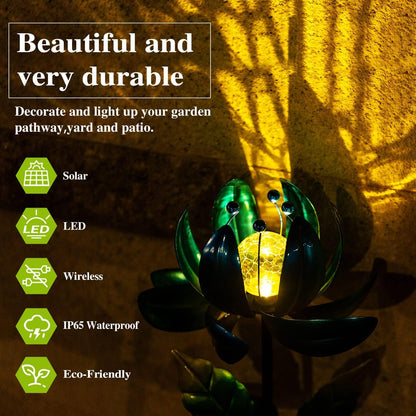 Solar Garden Lights Metal Flower Decor, Colorful Spinning Windmill Lotus Pathway Ligths with LED