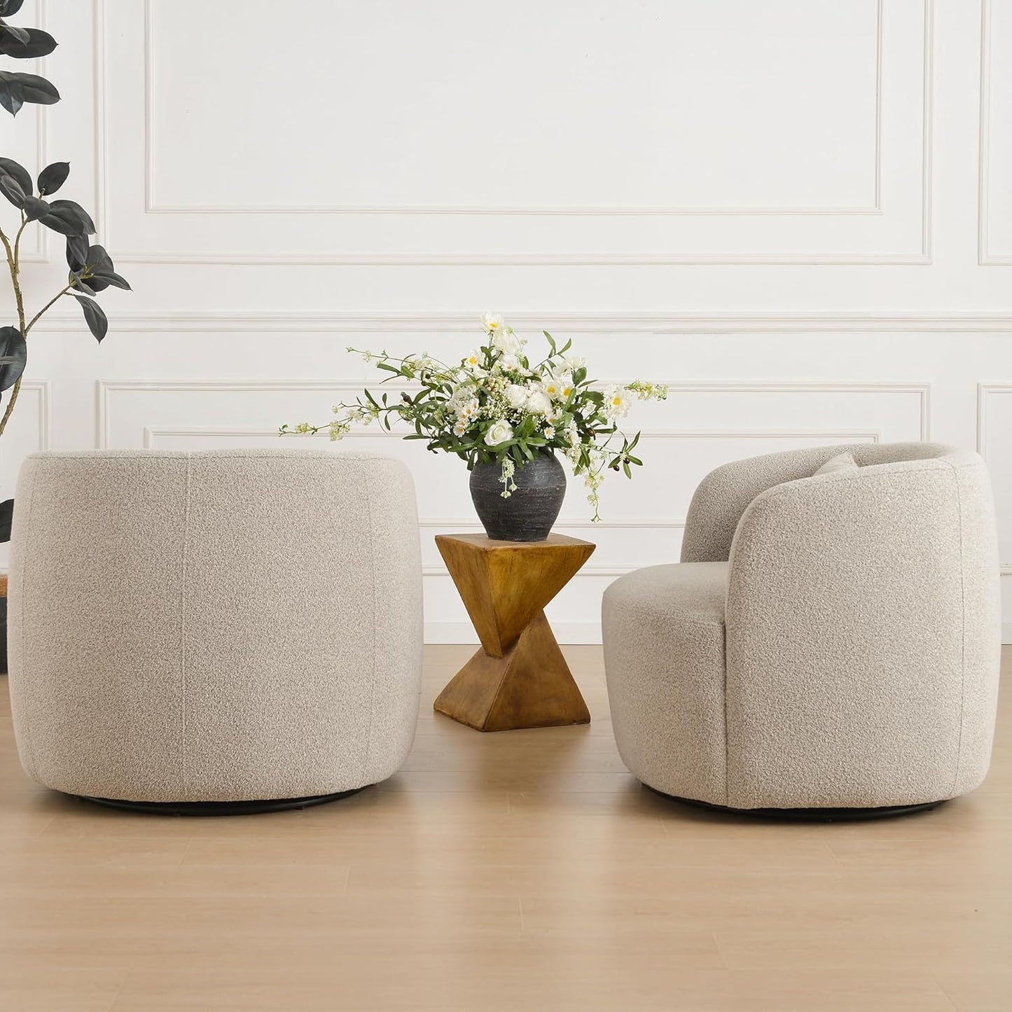 KINWELL 34" Wide Sherpa Swivel Barrel Chairs Set of 2, No Assembly Round Boucle Upholstered Accent