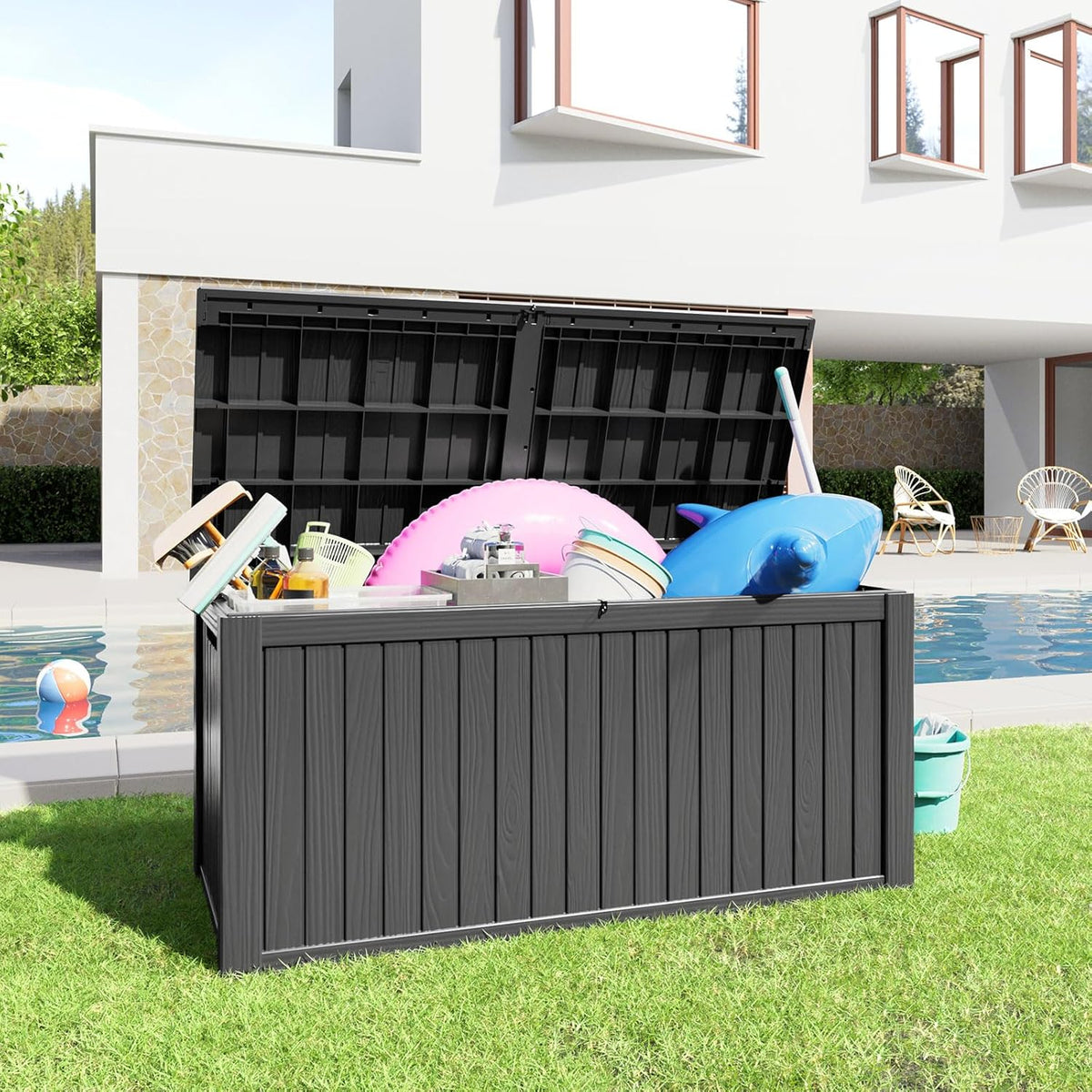 180 Gallon Resin Deck Box, Lockable Patio Outdoor Storage Box for Furniture, Garden Tools and Tools