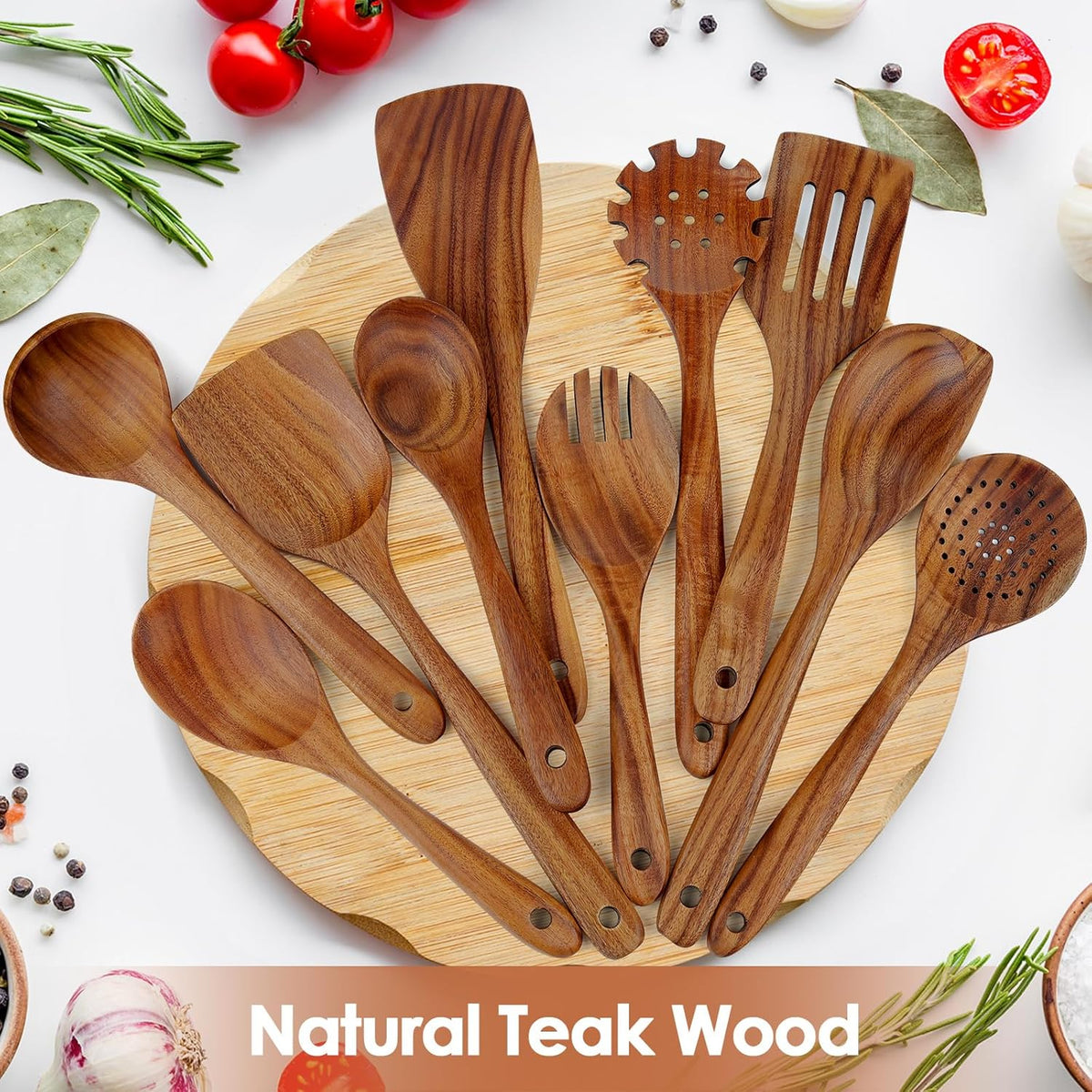 comfoyar Teak Wooden Spoons for Cooking, 10 Pieces Kitchen Cooking Utenails Set with Spatula and