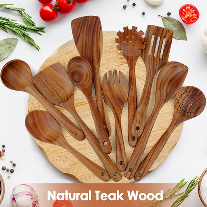 comfoyar Teak Wooden Spoons for Cooking, 10 Pieces Kitchen Cooking Utenails Set with Spatula and