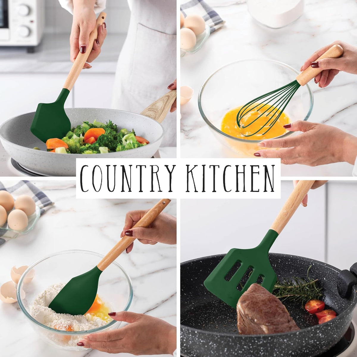 Country Kitchen Non Stick Silicone Utensil Set with Rounded Wood Handles for Cooking and Baking, 38
