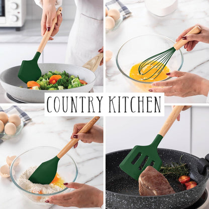 Country Kitchen Non Stick Silicone Utensil Set with Rounded Wood Handles for Cooking and Baking, 38