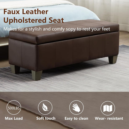 Brown Faux Leather Ottoman with Storage, Rectangular Extra Long Storage Bench for Bedroom and