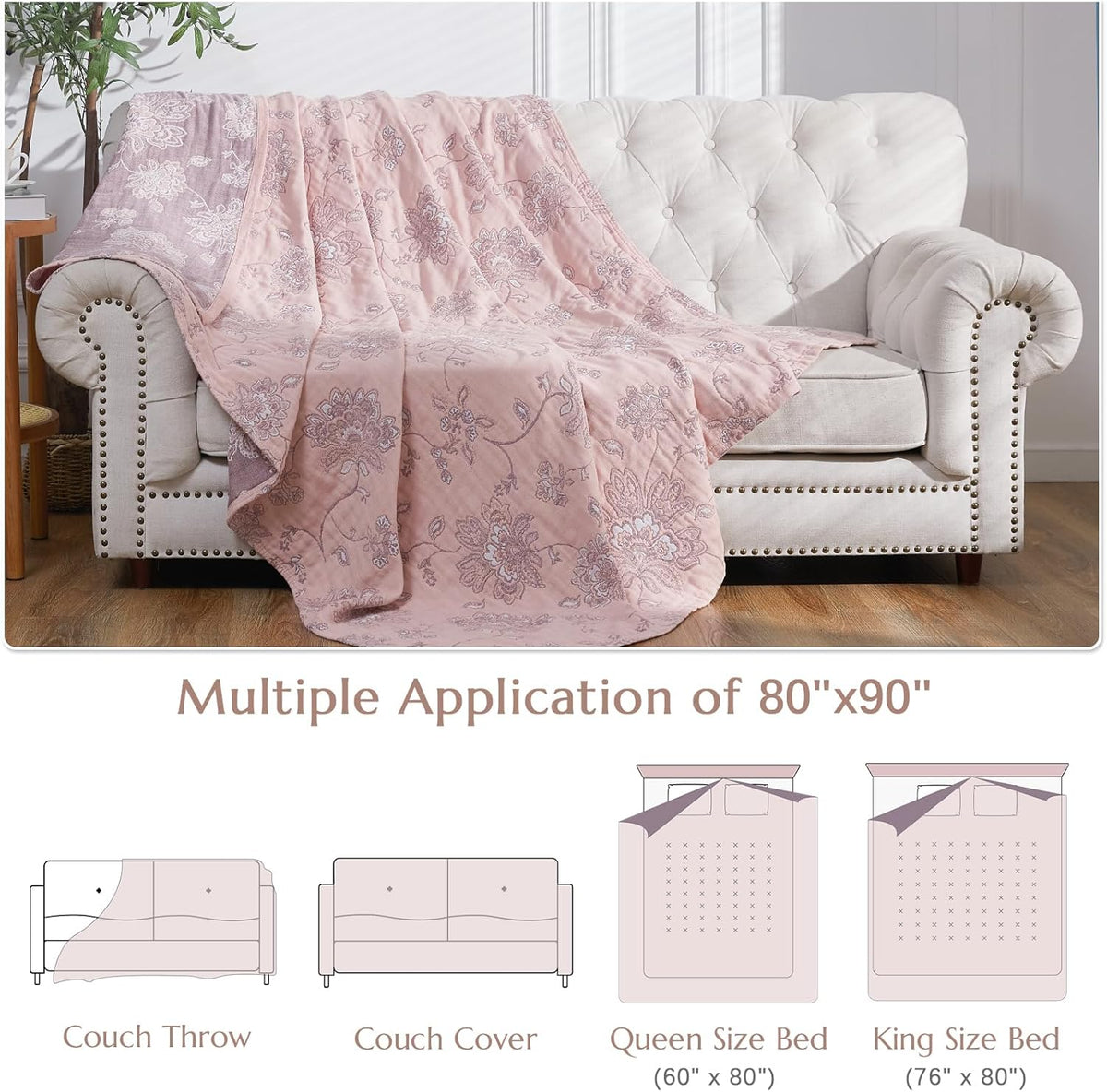 jinchan Boho 100% Cotton Muslin Queen Size 80x90 Inches Blanket Lightweight 4-Layer Quilted Soft