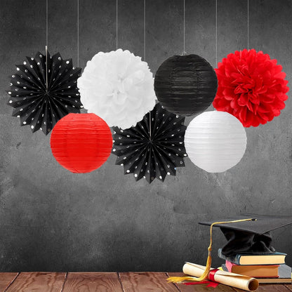 Black White-Red Party-Decorations Streamers Lanterns - 14pcs Birthday Graduation 2025 Paper