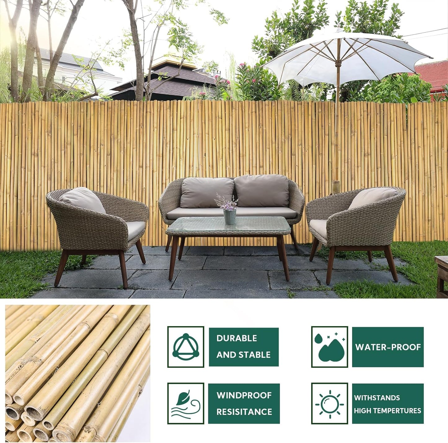 Natural Bamboo Fence 4ft H x 8ft L x 0.7In D, Eco-Friendly Privacy Fence for Outdoor Wall, Garden