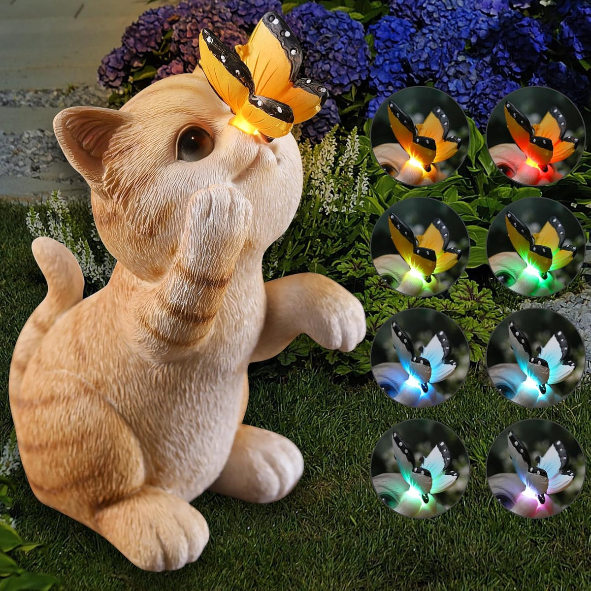 Solar Garden Statue Cute Cat Figurine Fun Color Changing LED Butterfly Light Outdoor Decor