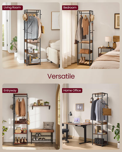 VASAGLE Coat Rack, Freestanding Hall Tree with Shelves, Hanging Rail, and Hooks, Space-Saving Coat