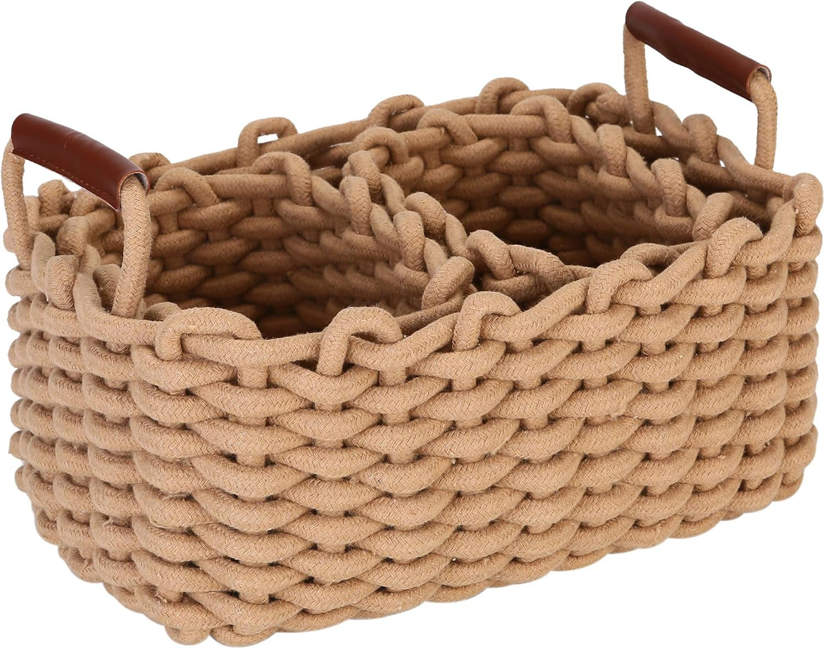 Sea Team 3-Pack Rectangle Woven Cotton Rope Storage Baskets with Handles, Shelf Basket, Closet