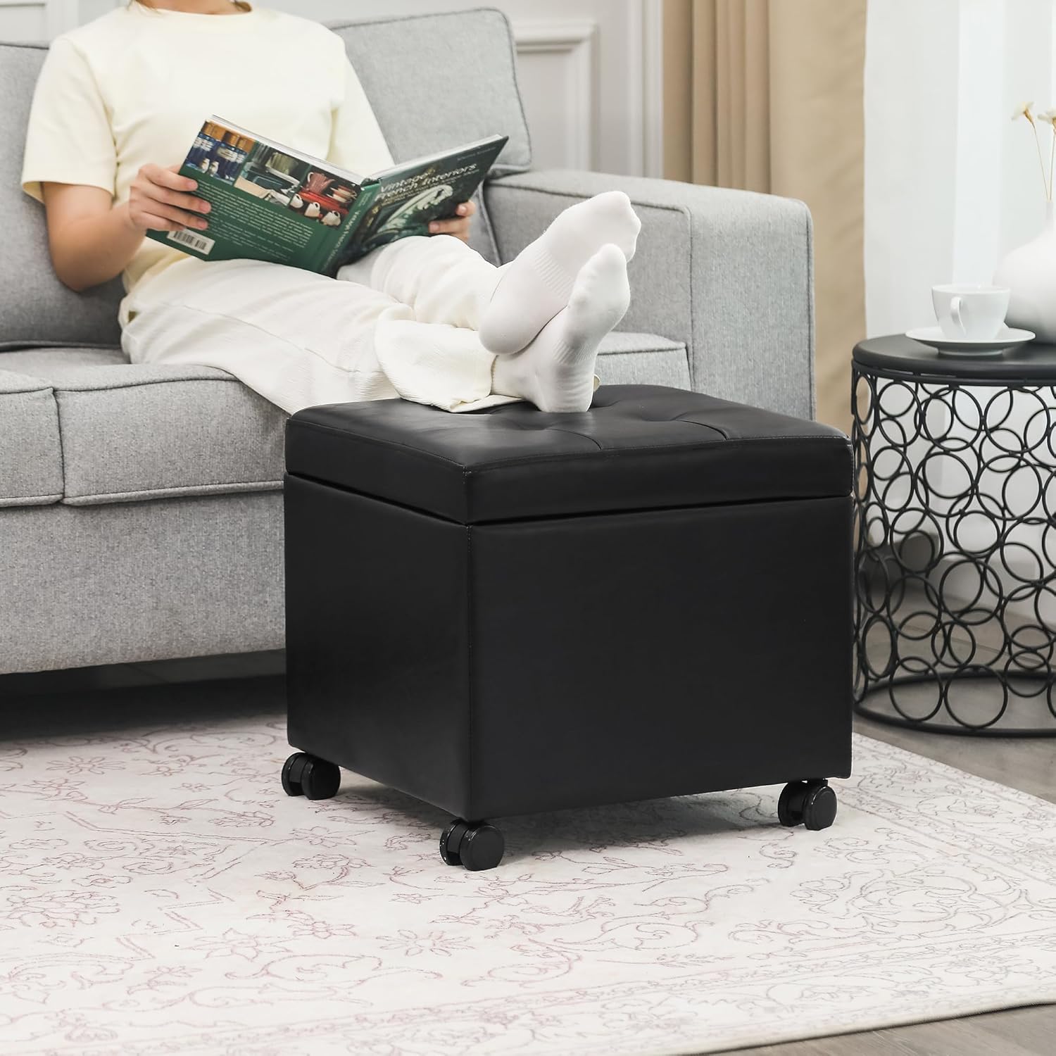 Adeco 17.7" Leather Ottoman with Wheels, Black Square Rolling Ottoman with Storage, Upholstered