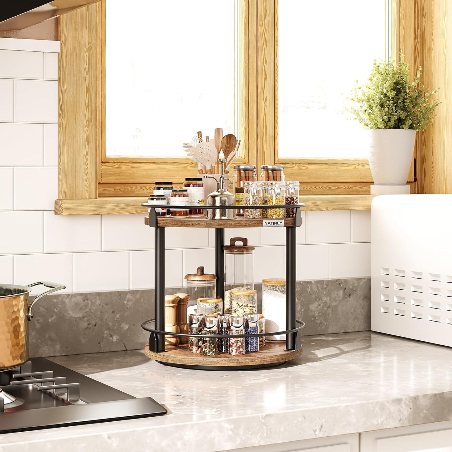 Lazy Susan Organizer, Rotating Spice Rack, 2 Tier Spice Turntable Organizer, Industrial Turntable