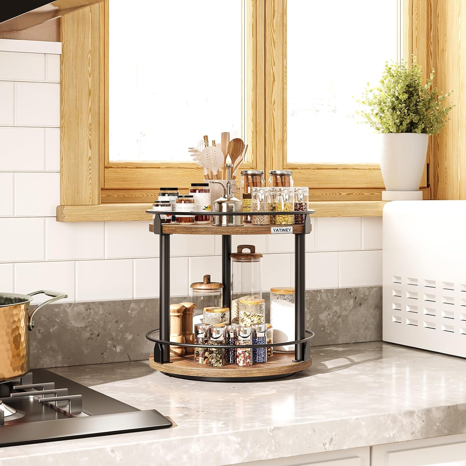 Lazy Susan Organizer, Rotating Spice Rack, 2 Tier Spice Turntable Organizer, Industrial Turntable