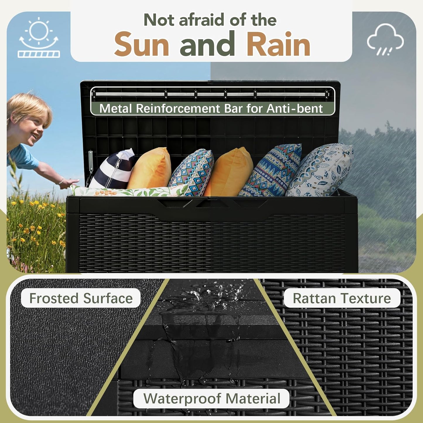 Flamaker Deck Box with Cushion 100 Gallon Waterproof Resin Storage Box with Air Rod Indoor Outdoor