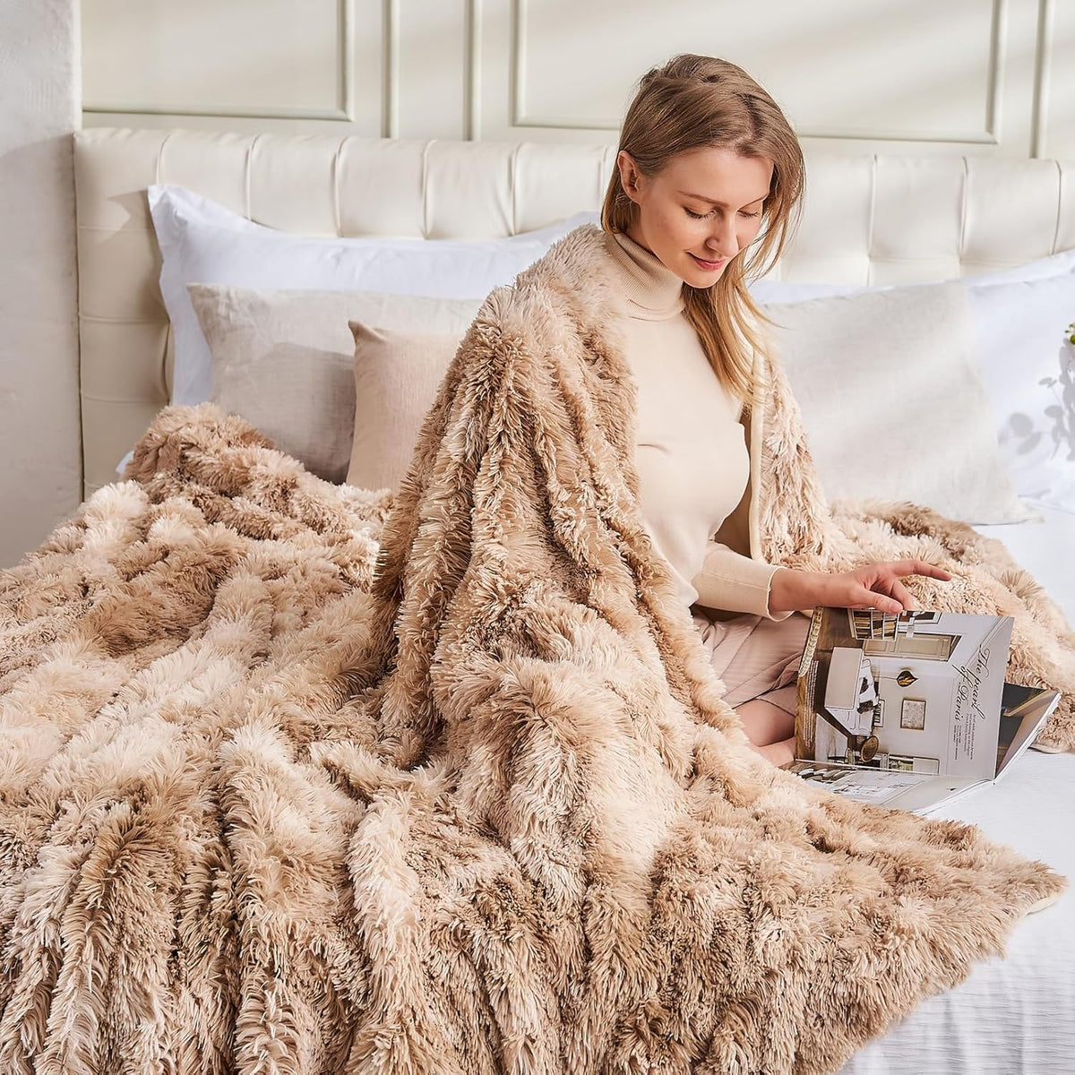 GONAAP Fuzzy Faux Fur Throw Blanket Twin Size Tie-dye Beige Super Soft Cozy Plush Fuzzy Shaggy