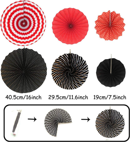 ZERODECO Party Decoration, 21 Pcs Black and Red Hanging Paper Fans Pom Poms Flowers, Garlands